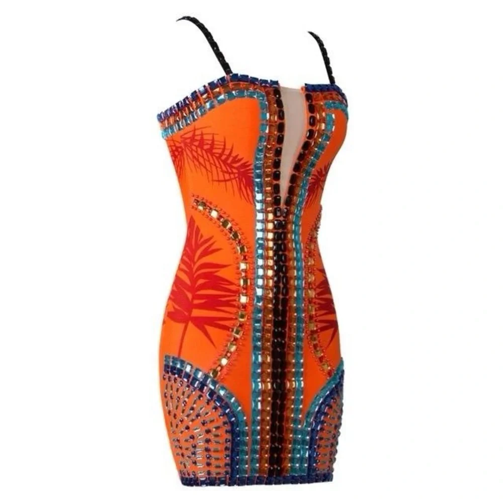Hand Made Split Mesh Square Neck Crystal Embellished Dress - Picture 6 of 9